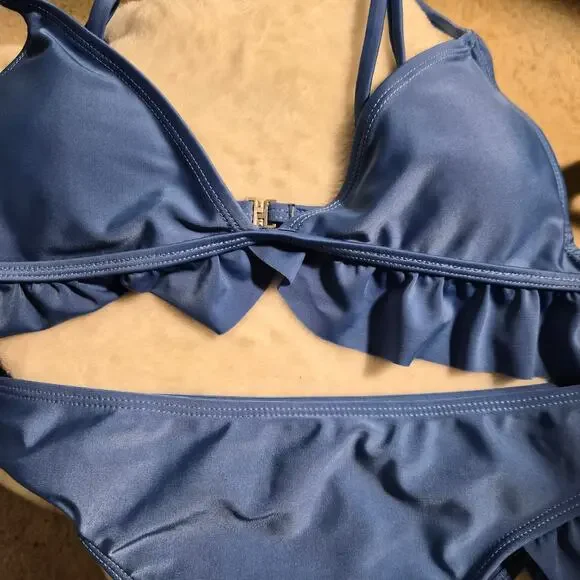 Bikini Bundle (2 Sets) CUPSHE Teal Striped Bikini & Unknown Blue Ruffle - Small - Picture 6 of 10